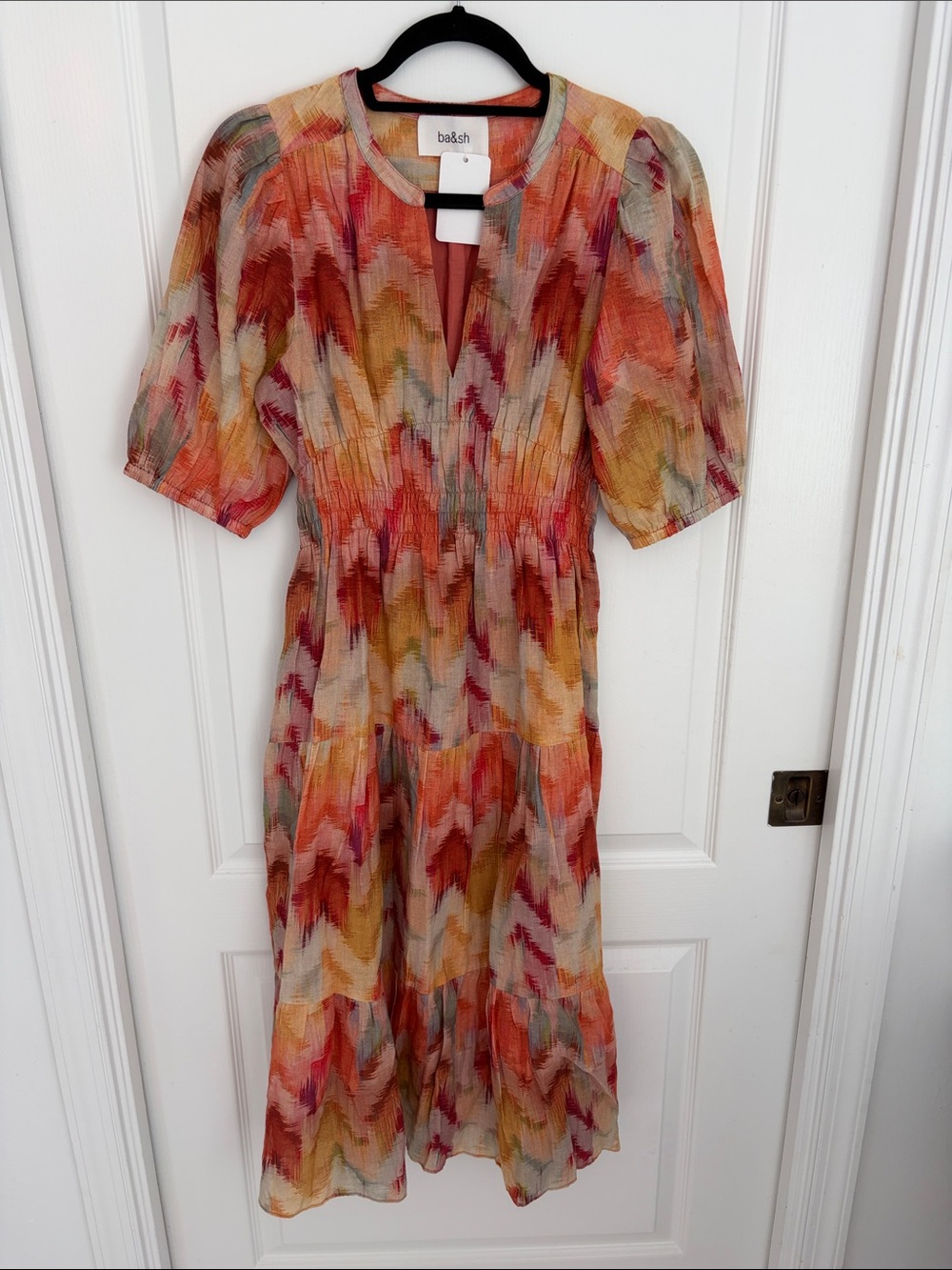 ba&sh Midi Dress in Coral, Gold & Cream